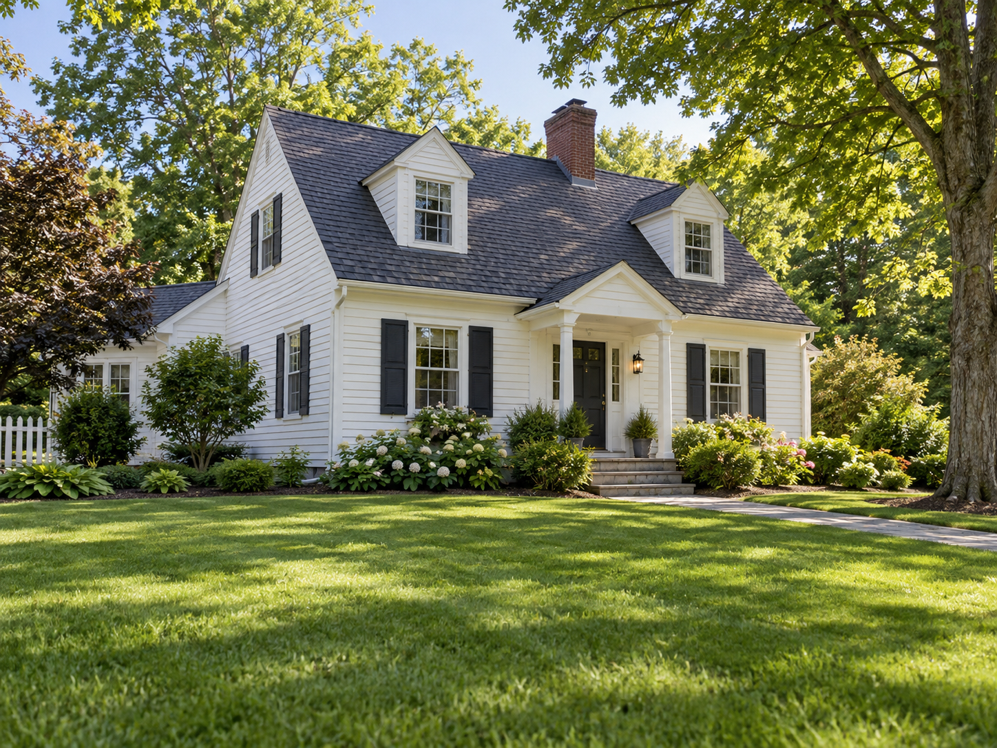 A welcoming white clapboard home with a green lawn and leafy trees